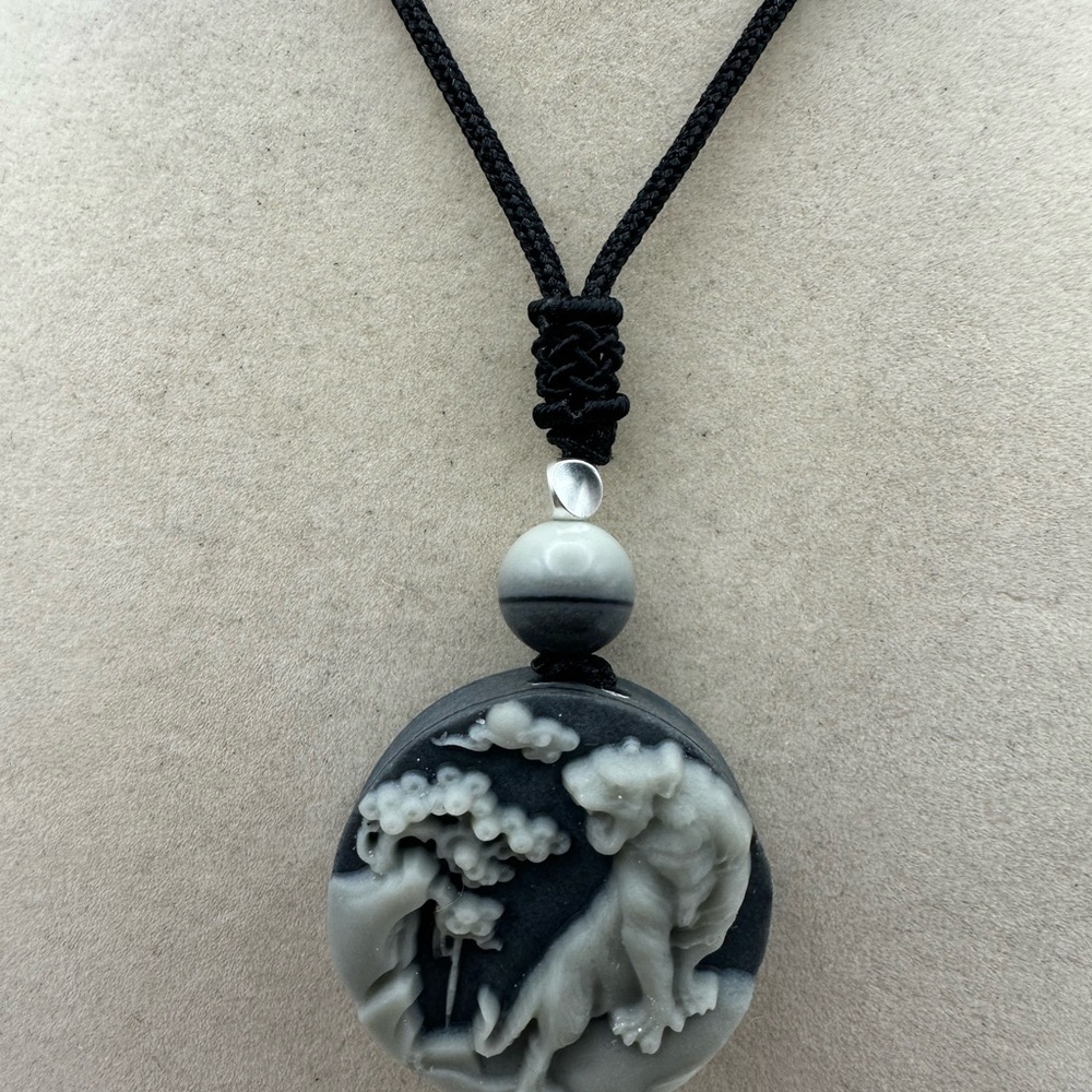 Tai Chi Stone Tiger Pendant Necklace with Silver Accent Bead on Adjustable Rope - Picture 5 of 10